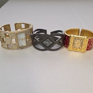 Peugeot Gold, Silver, and Red Vintage Y2K Women's Watch Cuff Set 3 In All.